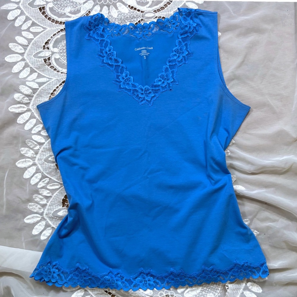 Y2K Cami Layering Blue Lace Trim V-Neck Sleeveless Tank Top XL 16